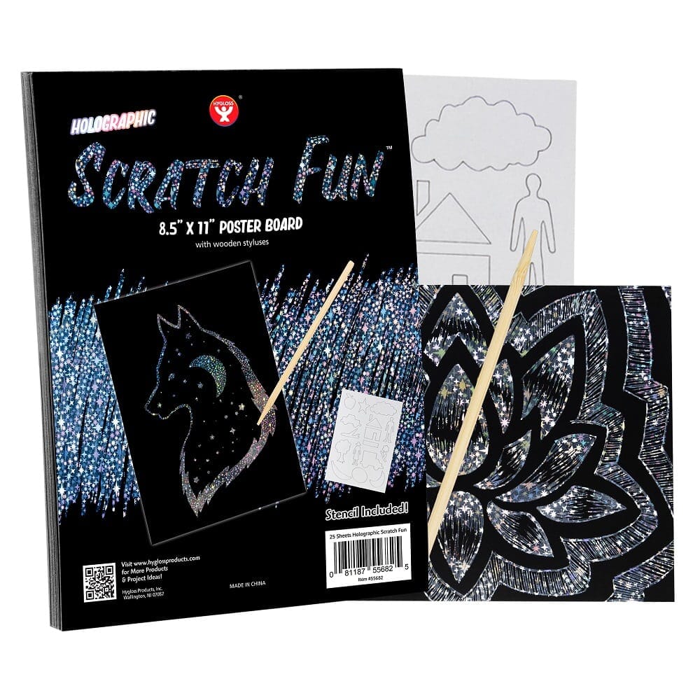 Holographic Scratch Paper Drawing & Painting Kits Hygloss 8.5 x 11 (25 Sheets)